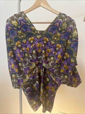 Twist-Front Geometric Print Blouse in Purple & Mustard
